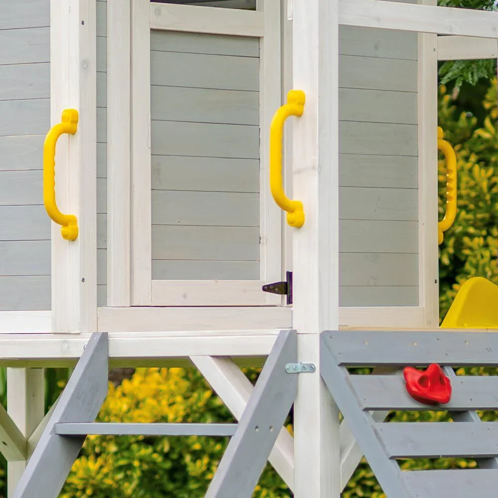Rovo Kids Wooden Tower Cubby House, Grey, 236 x 176 x 248cm, With Slide, Sandpit And Climbing Wall - PLYCBHRV4GYA