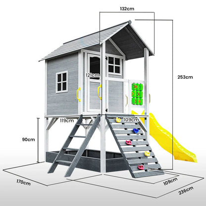 Rovo Kids Wooden Tower Cubby House, Grey, 236 x 176 x 248cm, With Slide, Sandpit And Climbing Wall - PLYCBHRV4GYA