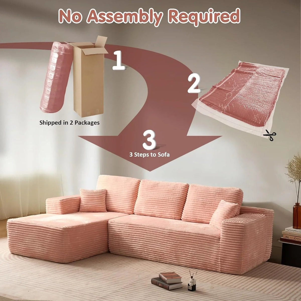 ovios 104in L-Shape Sectional Sofa With Chaise, Grey Plush Corduroy Fabric