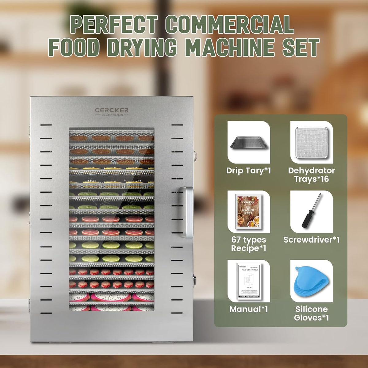 Commercial Food Dehydrator, 16 Trays, 1500W, 70-190 F