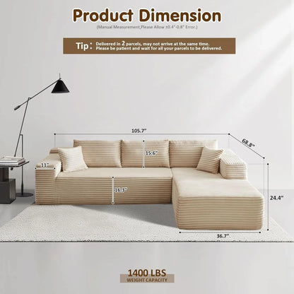 ovios 104in L-Shape Sectional Sofa With Chaise, Grey Plush Corduroy Fabric