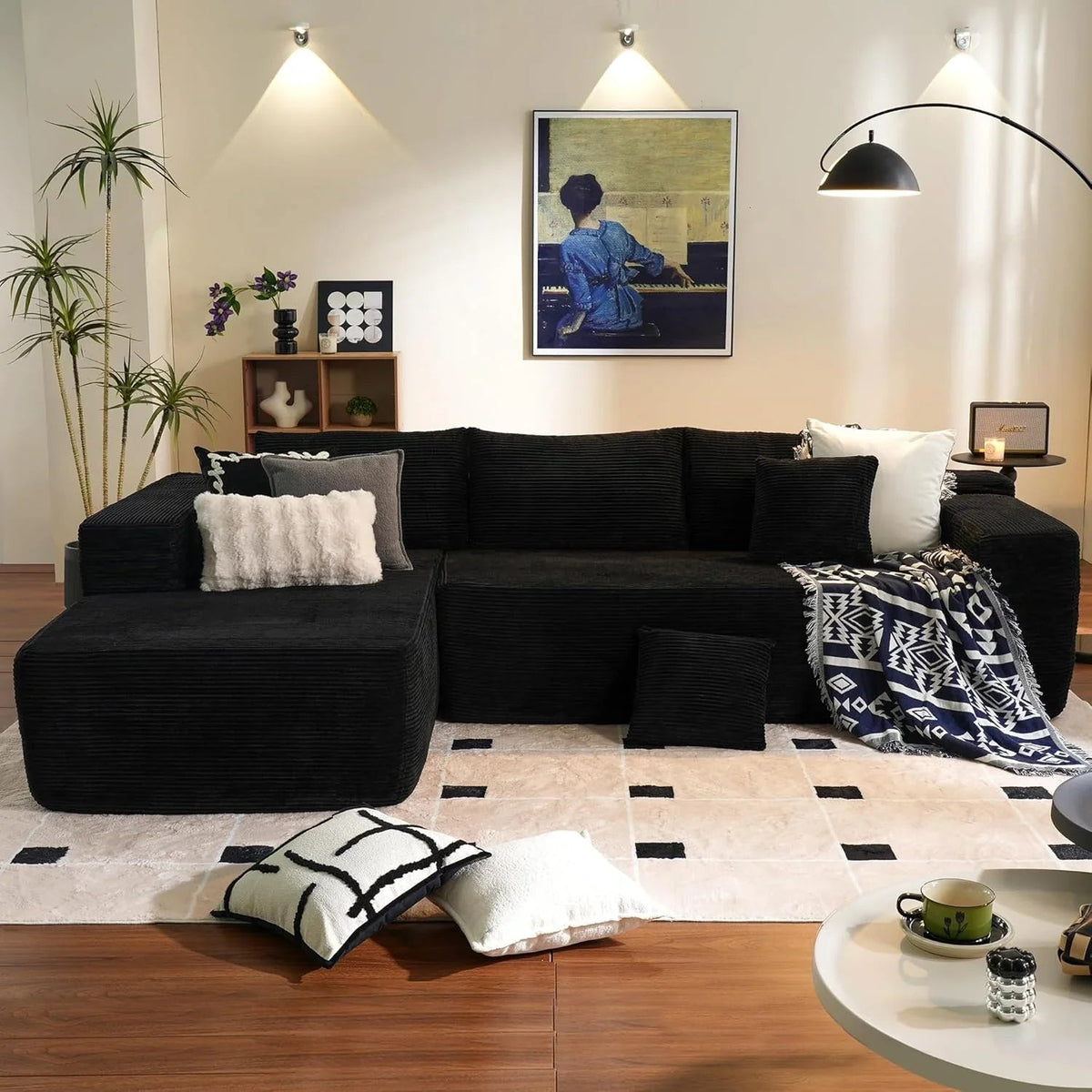ovios 104in L-Shape Sectional Sofa With Chaise, Grey Plush Corduroy Fabric