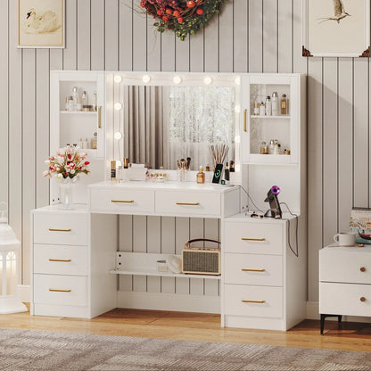 UGTOO LED Makeup Vanity Desk With Mirror, 58.27in, 10 Adjustable LED Bulbs, 8 Drawers, 2 Cabinets, White