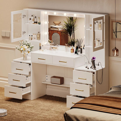 UGTOO LED Makeup Vanity Desk With Mirror, 58.27in, 10 Adjustable LED Bulbs, 8 Drawers, 2 Cabinets, White