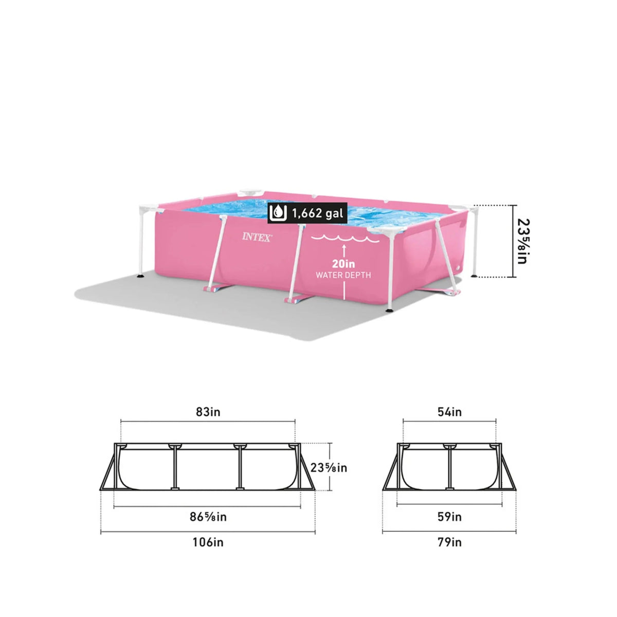 INTEX Rectangular Metal Frame Above Ground Swimming Pool, Pink, 7ft x 23in