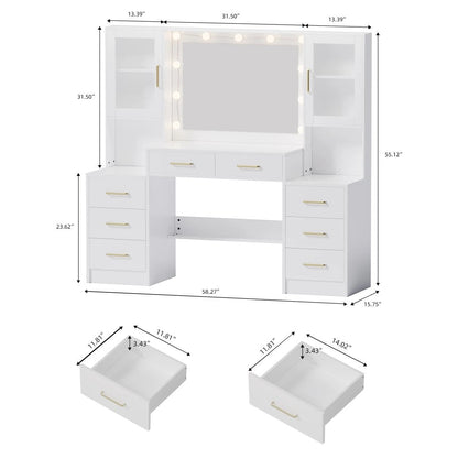 UGTOO LED Makeup Vanity Desk With Mirror, 58.27in, 10 Adjustable LED Bulbs, 8 Drawers, 2 Cabinets, White