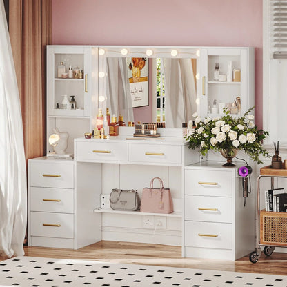 UGTOO LED Makeup Vanity Desk With Mirror, 58.27in, 10 Adjustable LED Bulbs, 8 Drawers, 2 Cabinets, White