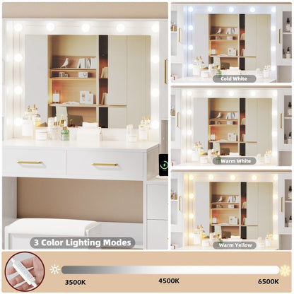 UGTOO LED Makeup Vanity Desk With Mirror, 58.27in, 10 Adjustable LED Bulbs, 8 Drawers, 2 Cabinets, White