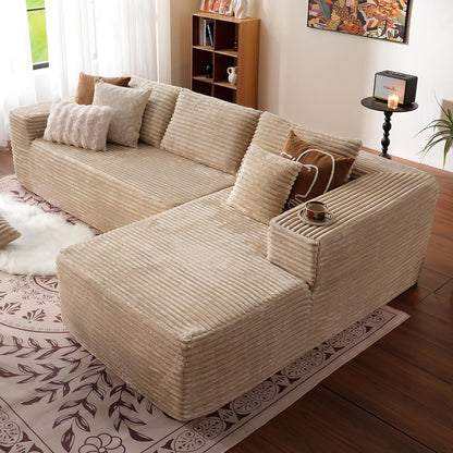 ovios 104in L-Shape Sectional Sofa With Chaise, Grey Plush Corduroy Fabric