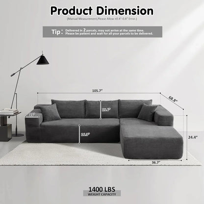 ovios 104in L-Shape Sectional Sofa With Chaise, Grey Plush Corduroy Fabric