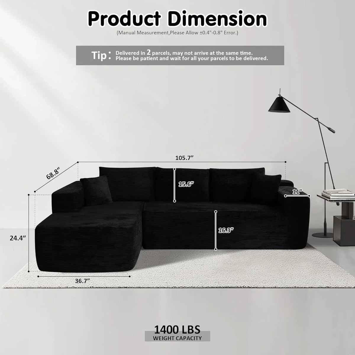 ovios 104in L-Shape Sectional Sofa With Chaise, Grey Plush Corduroy Fabric
