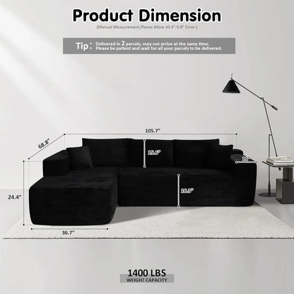 ovios 104in L-Shape Sectional Sofa With Chaise, Grey Plush Corduroy Fabric