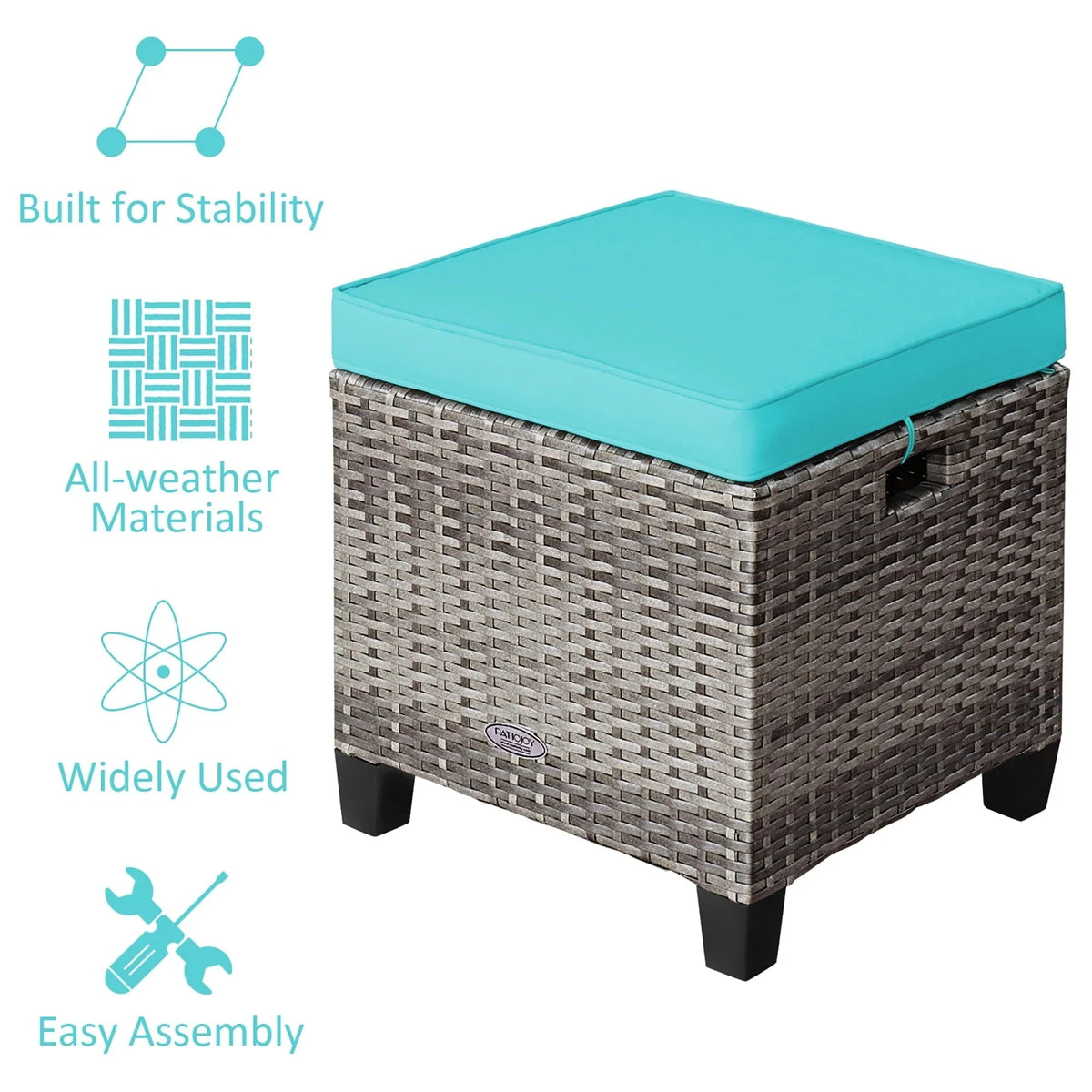 Costway 2-Piece Patio Rattan Cushioned Ottoman Set, 16 x 16 x 18 in, Turquoise