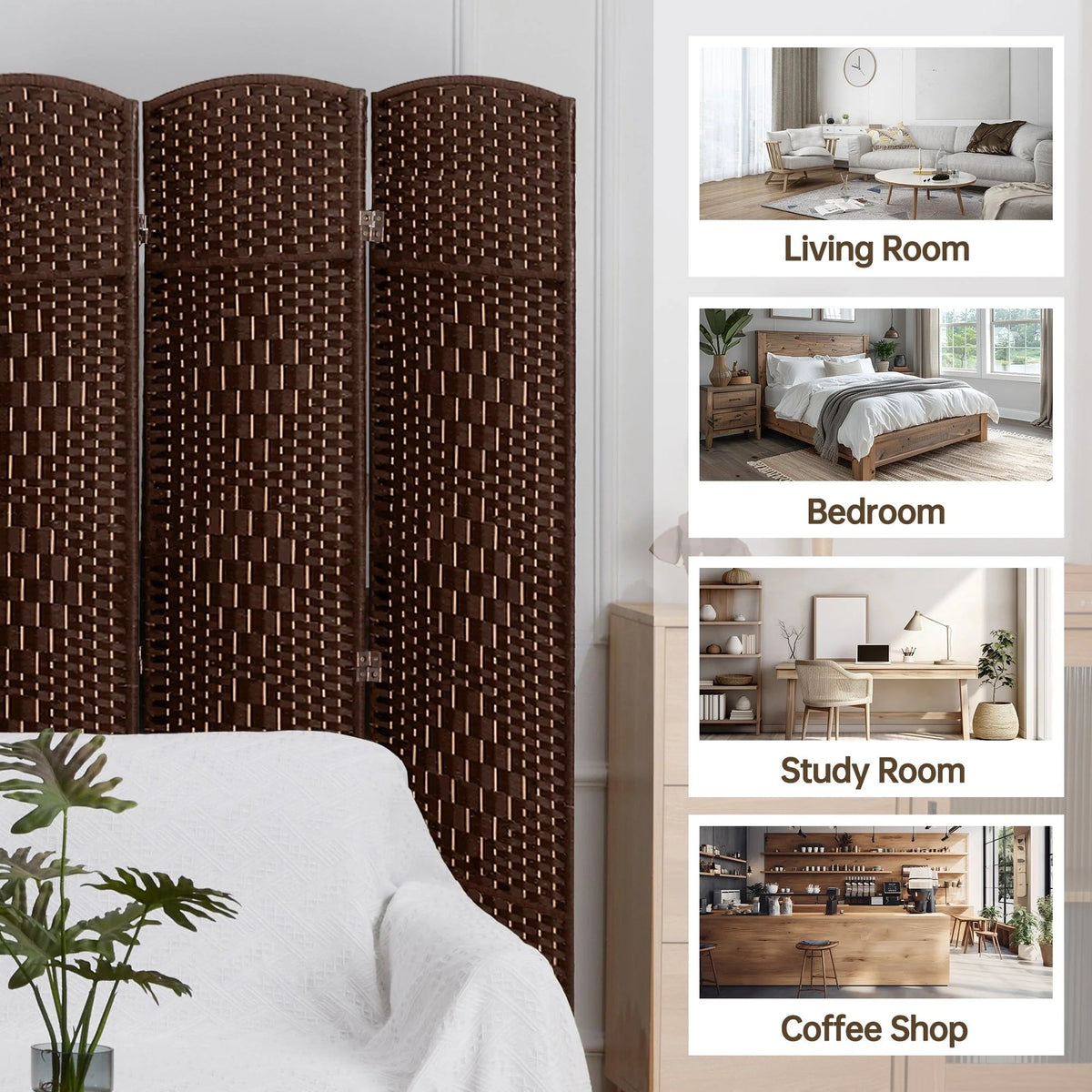 Freestanding Folding Woven Fiber Room Divider Privacy Screen - 6 Ft Tall