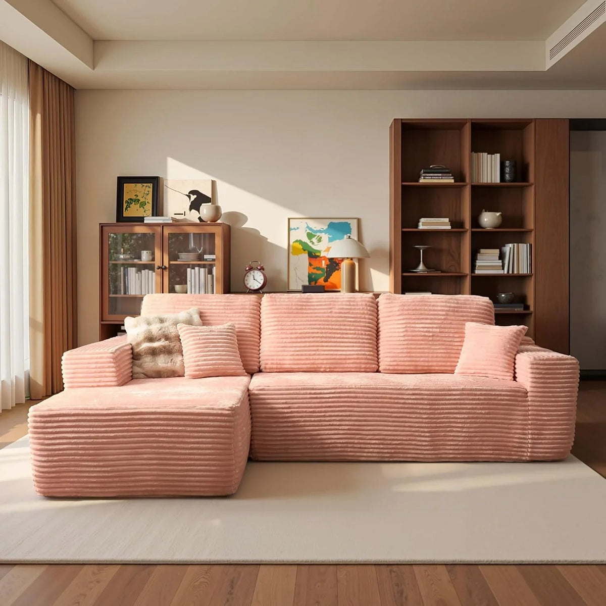 ovios 104in L-Shape Sectional Sofa With Chaise, Grey Plush Corduroy Fabric