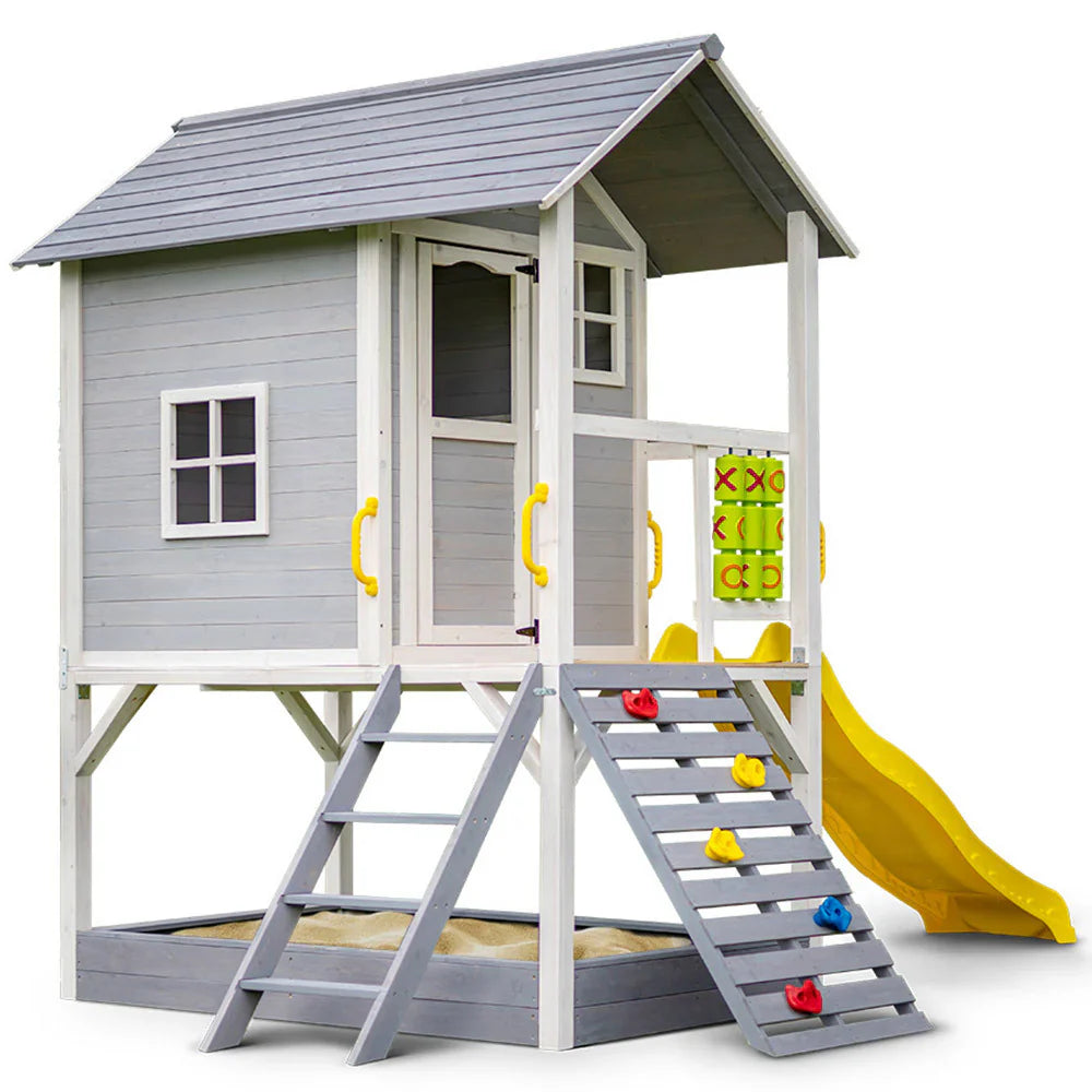 Rovo Kids Wooden Tower Cubby House, Grey, 236 x 176 x 248cm, With Slide, Sandpit And Climbing Wall - PLYCBHRV4GYA