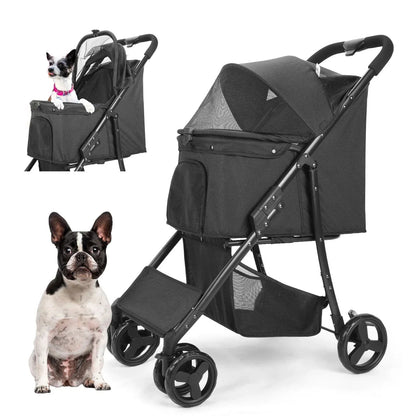 Wedyvko 4 Wheel Foldable Pet Stroller With Storage Basket For Small Medium Dogs & Cats - Black