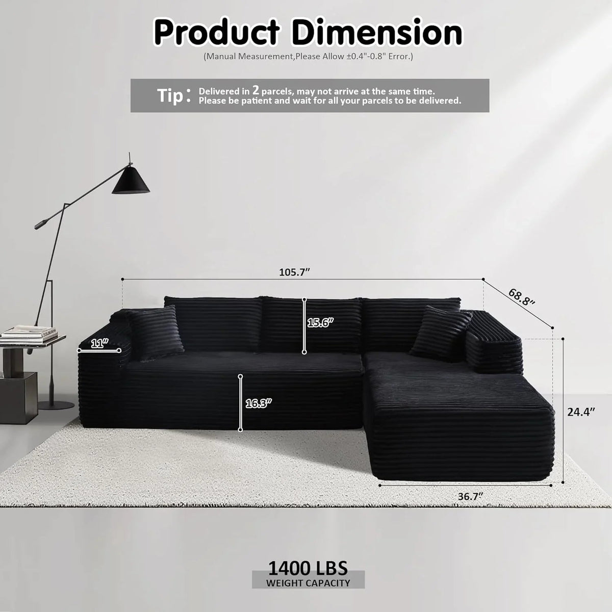 ovios 104in L-Shape Sectional Sofa With Chaise, Grey Plush Corduroy Fabric