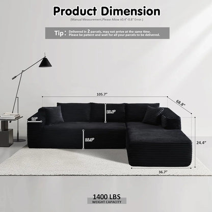ovios 104in L-Shape Sectional Sofa With Chaise, Grey Plush Corduroy Fabric