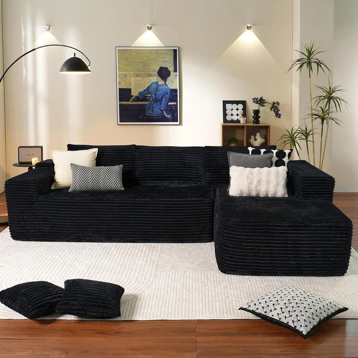 ovios 104in L-Shape Sectional Sofa With Chaise, Grey Plush Corduroy Fabric