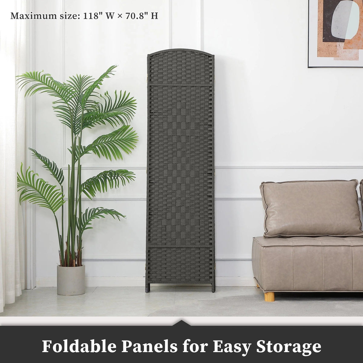 Freestanding Folding Woven Fiber Room Divider Privacy Screen - 6 Ft Tall