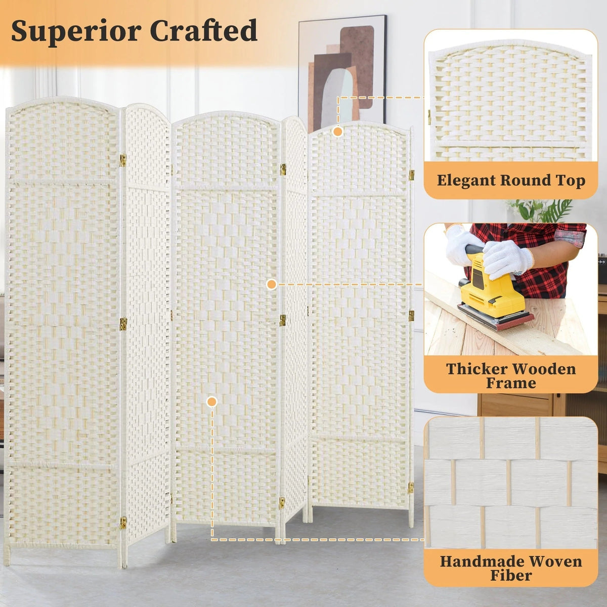 Freestanding Folding Woven Fiber Room Divider Privacy Screen - 6 Ft Tall