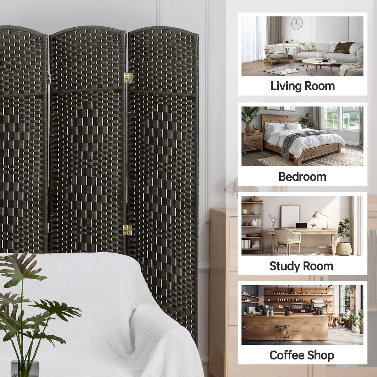 Freestanding Folding Woven Fiber Room Divider Privacy Screen - 6 Ft Tall