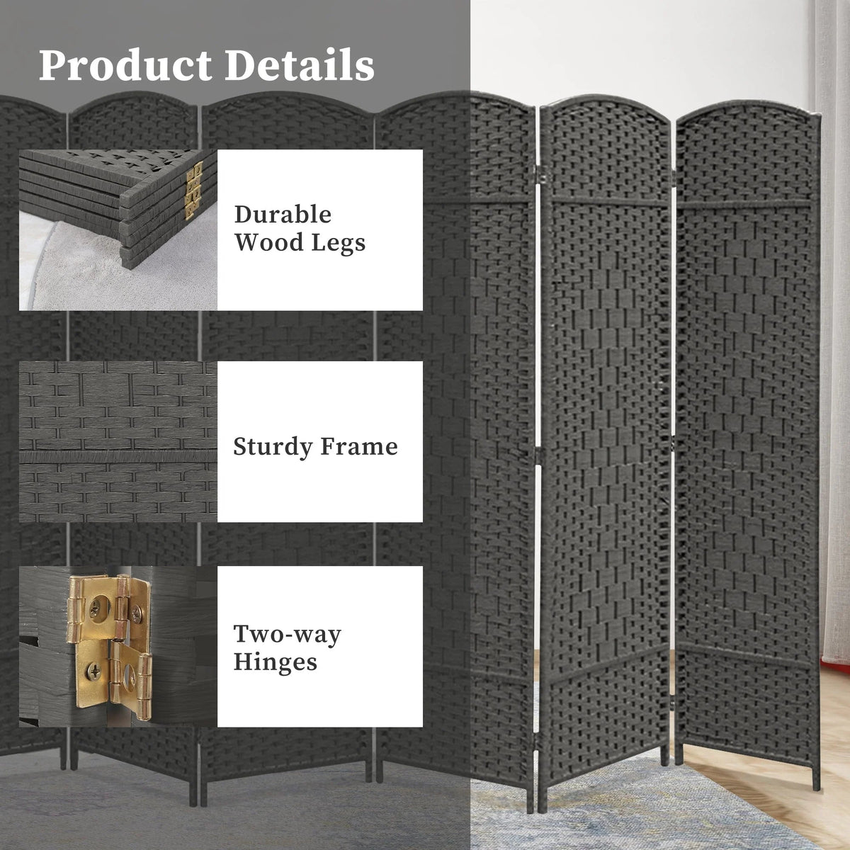 Freestanding Folding Woven Fiber Room Divider Privacy Screen - 6 Ft Tall