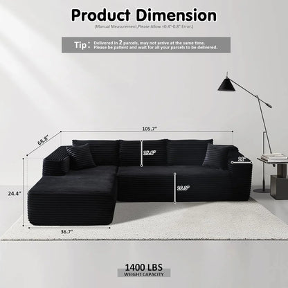 ovios 104in L-Shape Sectional Sofa With Chaise, Grey Plush Corduroy Fabric