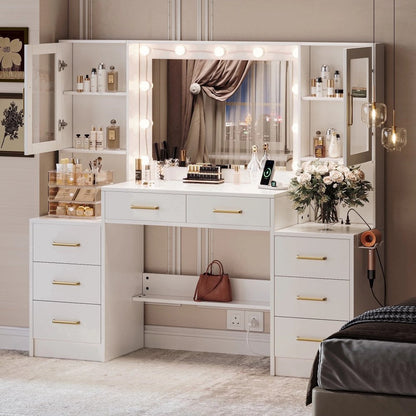 UGTOO LED Makeup Vanity Desk With Mirror, 58.27in, 10 Adjustable LED Bulbs, 8 Drawers, 2 Cabinets, White