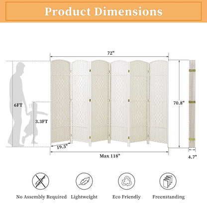 Freestanding Folding Woven Fiber Room Divider Privacy Screen - 6 Ft Tall