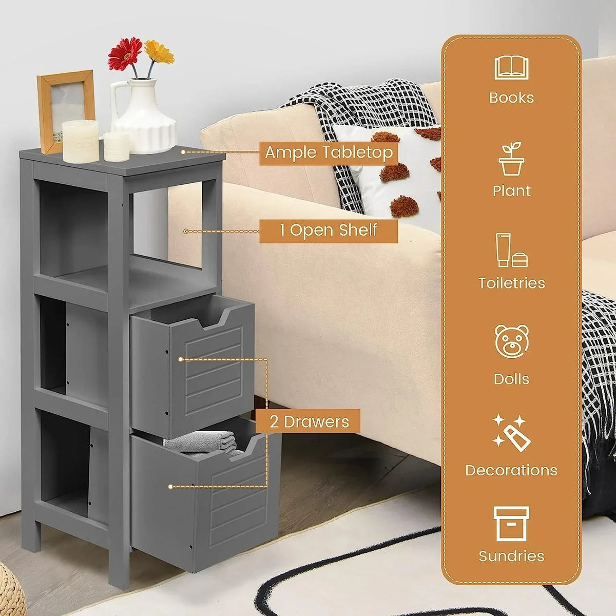 Freestanding Wooden Bathroom Storage Cabinet With 2 Adjustable Drawers - Gray