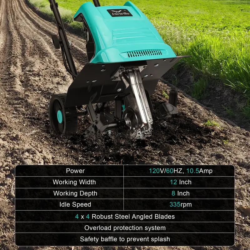 Incwbo Electric Garden Tiller, 10.5-Amp, 12-Inch Width, 8-Inch Depth