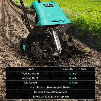 Incwbo Electric Garden Tiller, 10.5-Amp, 12-Inch Width, 8-Inch Depth