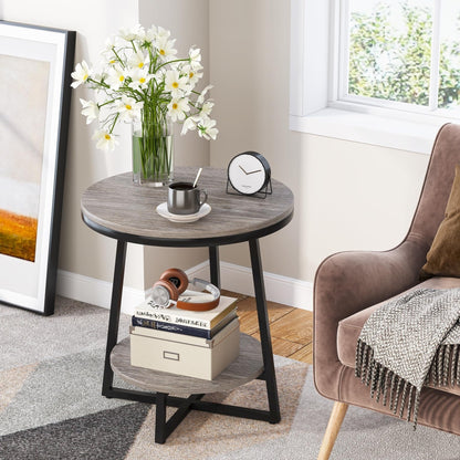 Industrial Round End Table With 2-Tier Storage