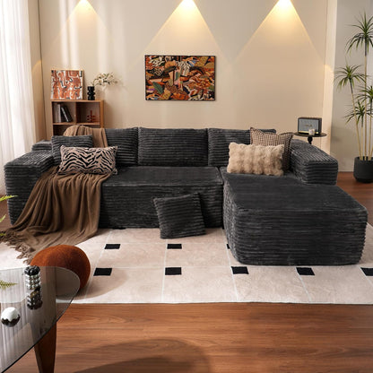 ovios 104in L-Shape Sectional Sofa With Chaise, Grey Plush Corduroy Fabric