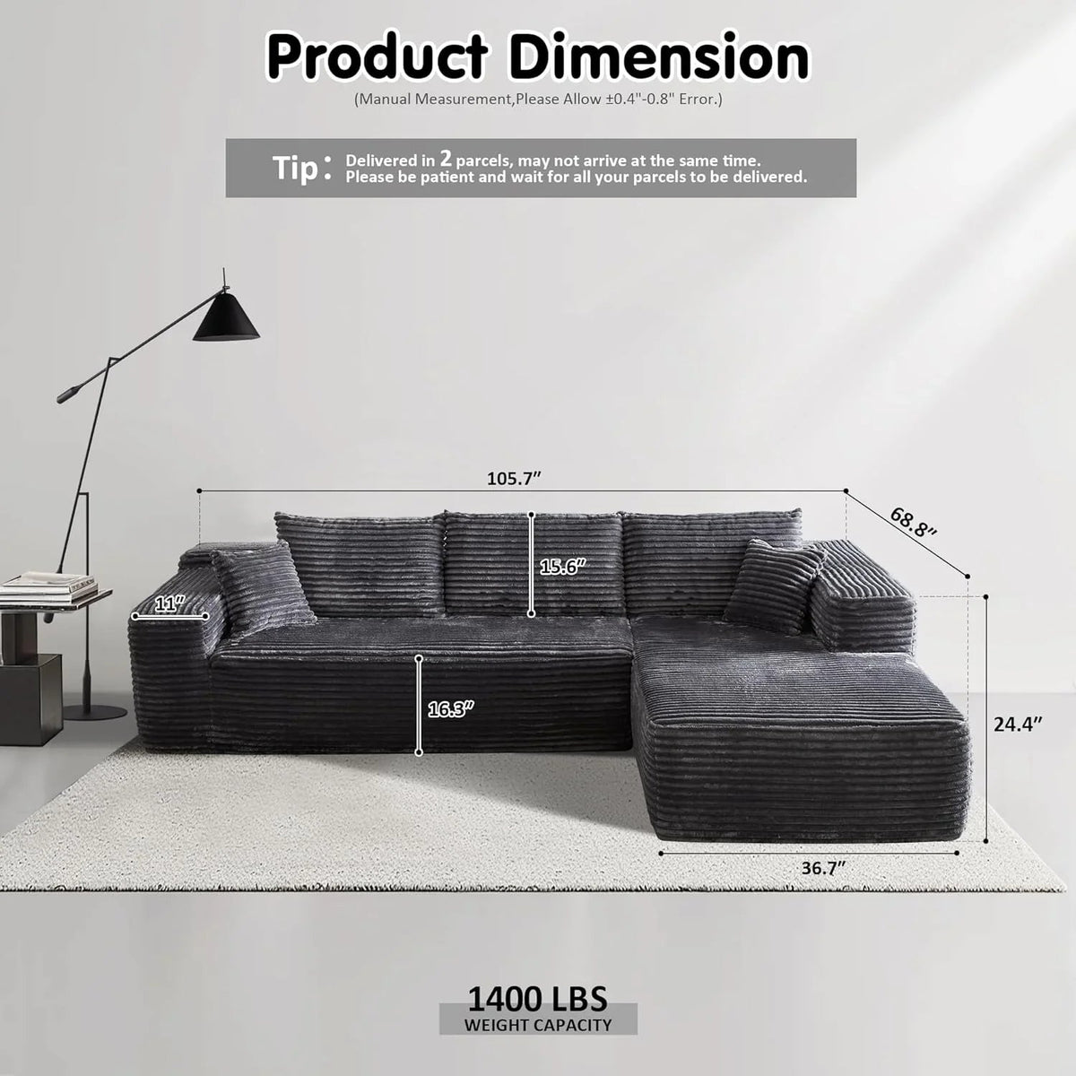 ovios 104in L-Shape Sectional Sofa With Chaise, Grey Plush Corduroy Fabric