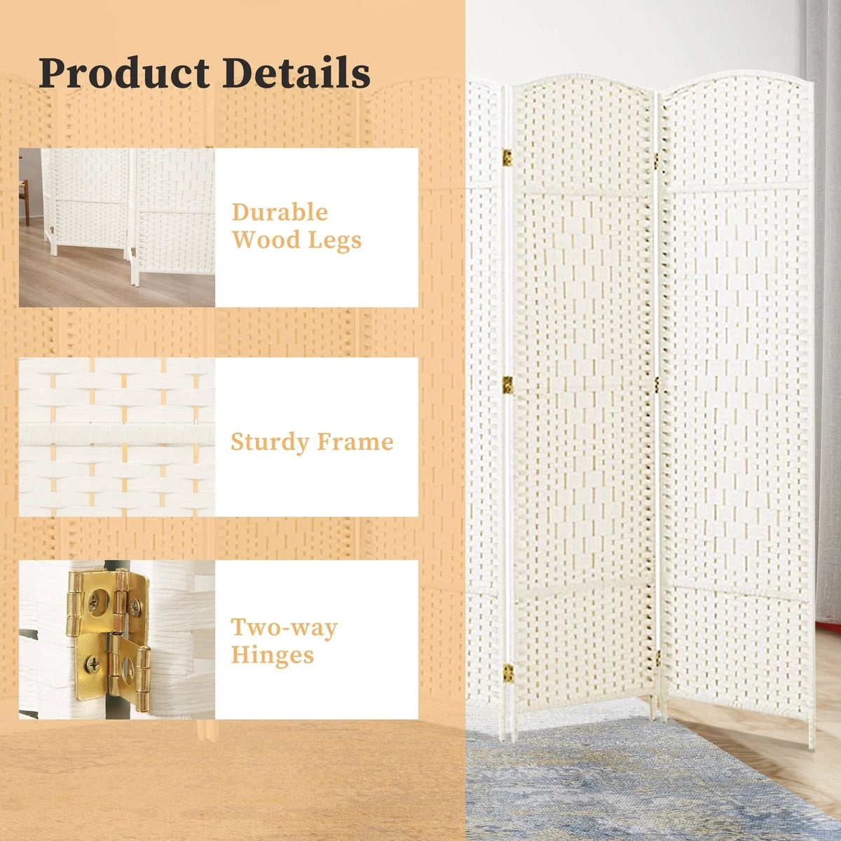Freestanding Folding Woven Fiber Room Divider Privacy Screen - 6 Ft Tall