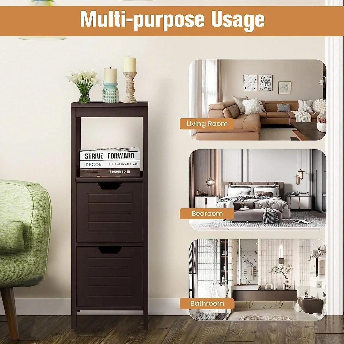 Freestanding Wooden Bathroom Storage Cabinet With 2 Adjustable Drawers - Gray