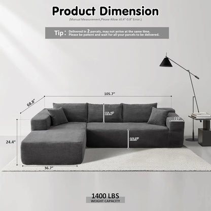 ovios 104in L-Shape Sectional Sofa With Chaise, Grey Plush Corduroy Fabric
